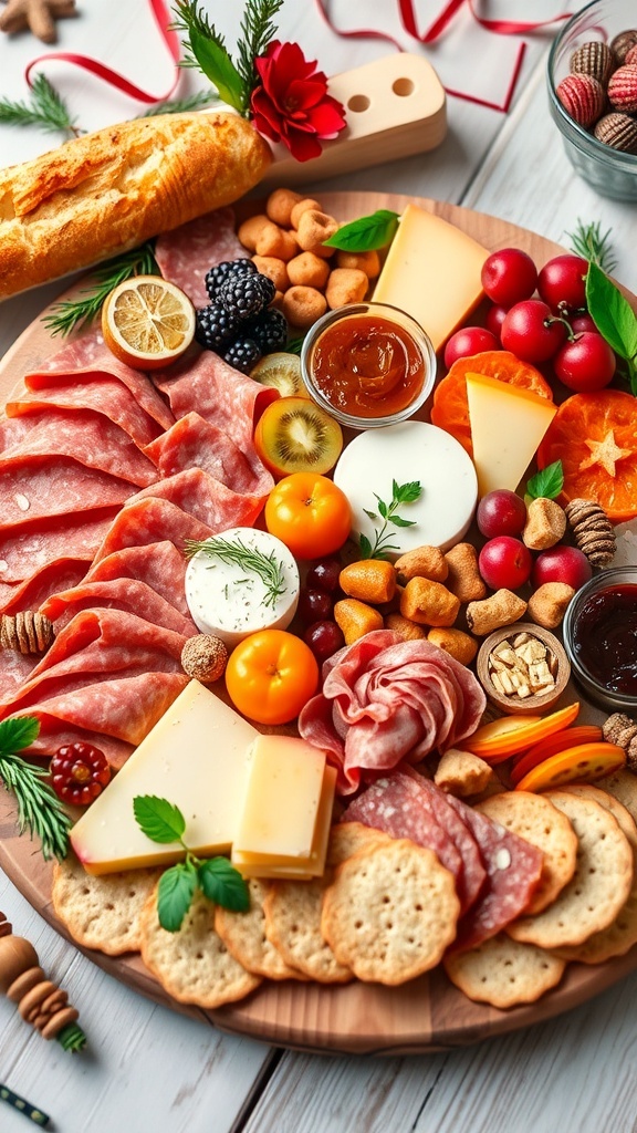 A festive charcuterie board with meats, cheeses, fruits, and jams, perfect for Christmas gatherings.